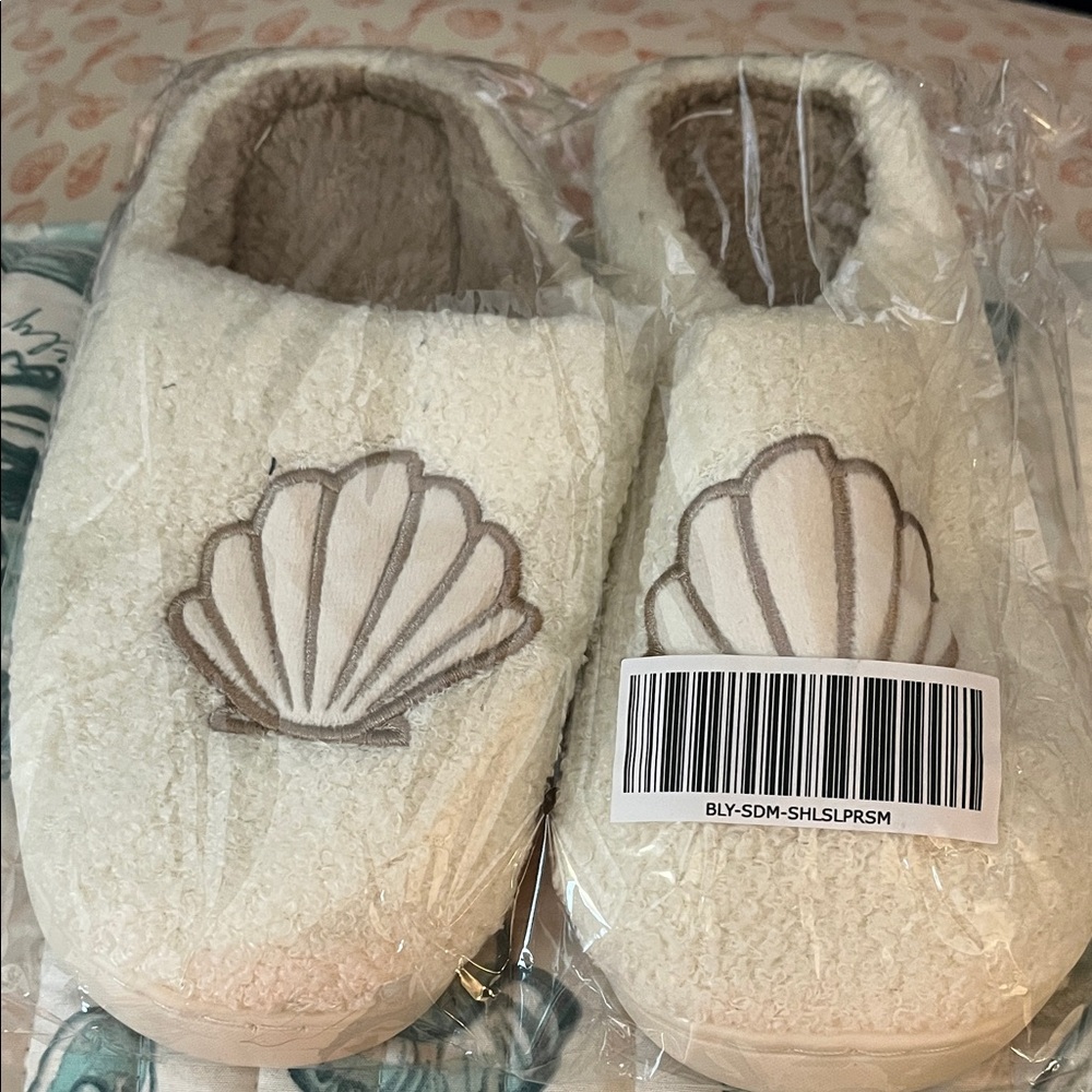 Cozy Cream Shell Embroidered Slippers